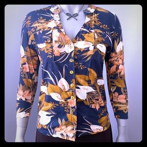 3/4 Navy Blue Floral Blouse